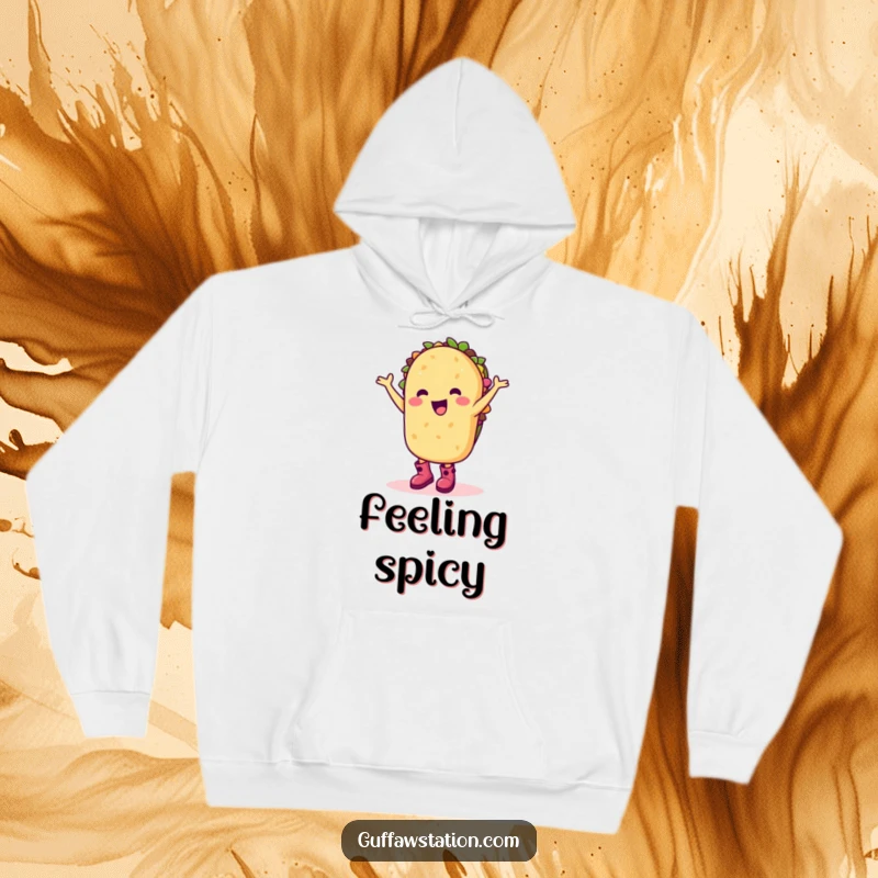Funny hoodie with a happy taco character in boots doing a silly dance, perfect for cozy celebrations.