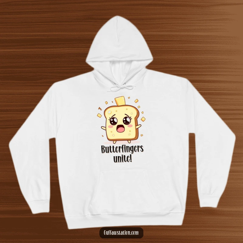 Funny surprised toast character with butter flying everywhere, wide-eyed, on a warm, hooded sweatshirt.