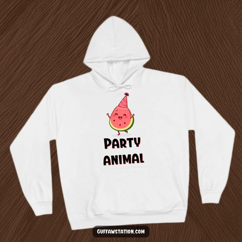 Funny watermelon hoodie with a happy slice wearing a party hat and dancing, warm and festive apparel.