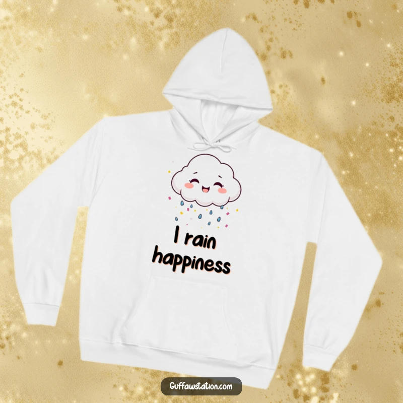 Funny happy cloud with a wide smile raining confetti, a cozy and humorous hoodie.