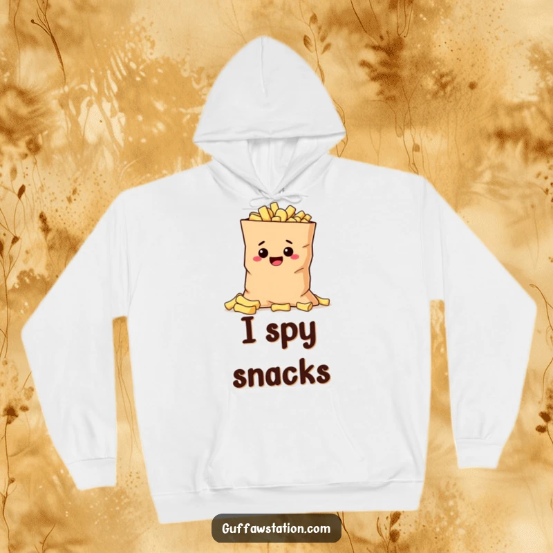 Funny mischievous potato hiding behind a giant bag of chips, depicted on a cozy and humorous hoodie.