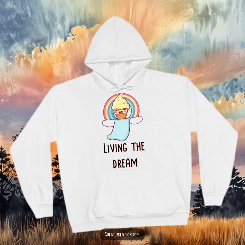 Funny ice cream hoodie with a giggling cone sliding down a rainbow chute, warm and cheerful apparel.