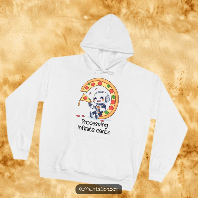 Funny hoodie showing a small robot enthusiastically trying to eat a gigantic, spinning pizza, radiating pure joy.