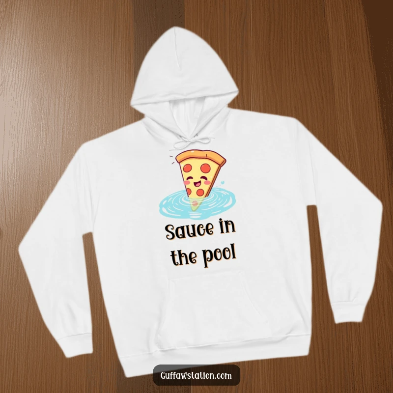 Funny pizza slice hoodie, captured mid-giggle while comically plunging into a swimming pool, radiating joy and warmth.