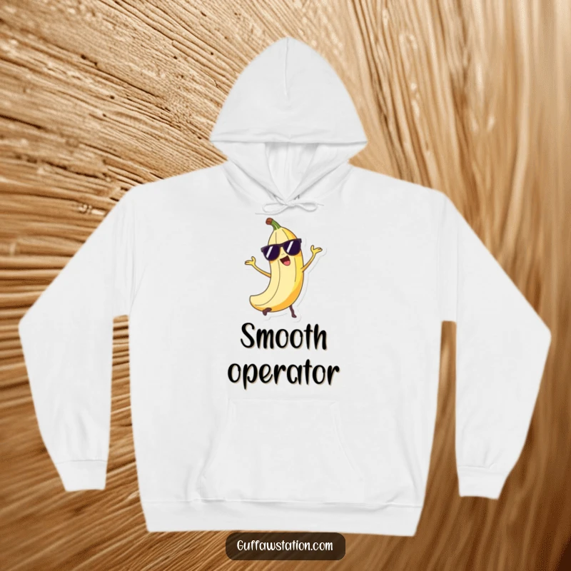 Funny mischievous banana peel character wearing sunglasses, doing a sneaky trick on a warm hoodie.