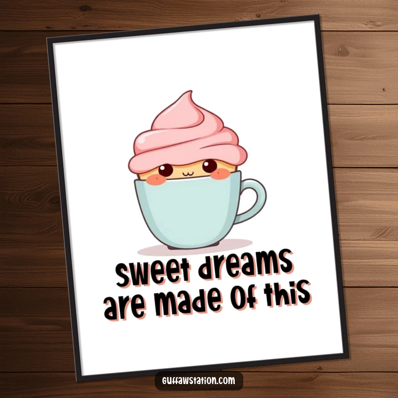 Funny Free Printable Wall Art: A cute, blushing cupcake character shyly attempting to hide behind a miniature coffee cup.