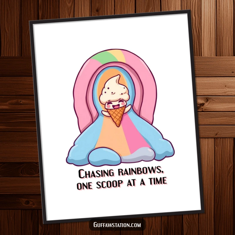 Funny Free Printable Wall Art: A giggling ice cream cone gleefully slides down a vibrant rainbow chute, bringing sweet, colorful joy to any room.