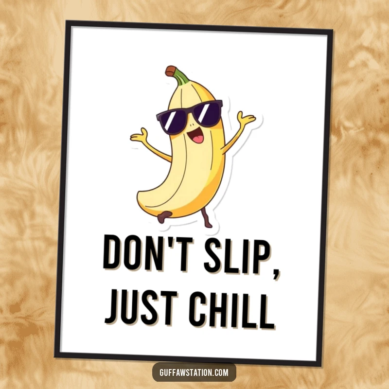 Funny Free Printable Wall Art: Mischievous banana peel character wearing sunglasses, plotting a funny trick, cool decor.