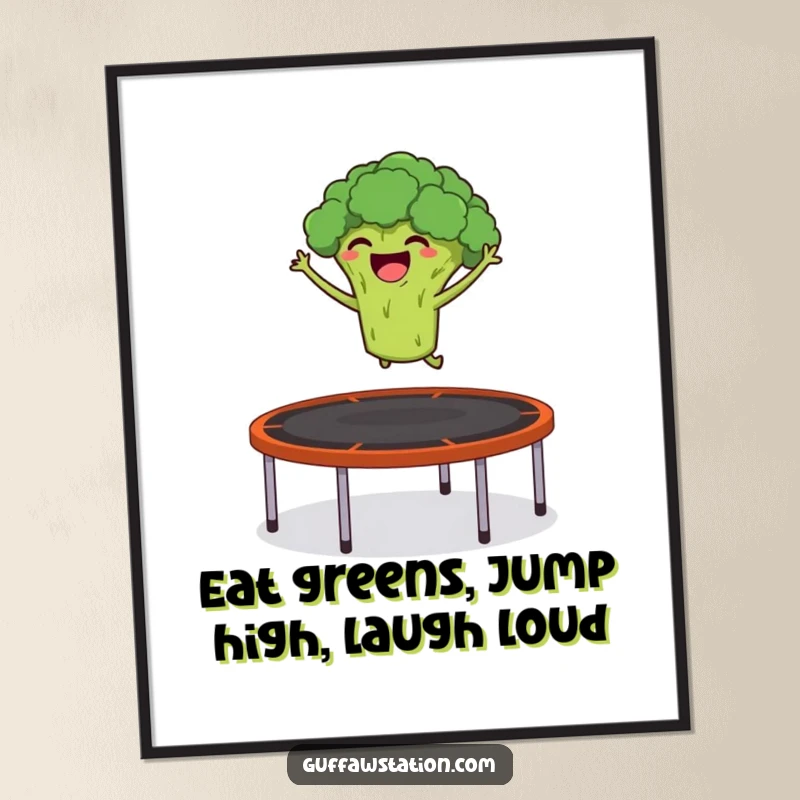 Funny Free Printable Wall Art of a giggling broccoli launching itself from a trampoline into the air with joy.