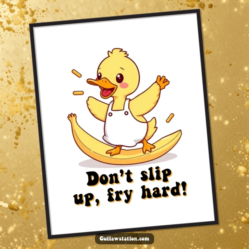 Funny Free Printable Wall Art: Duck in a tiny apron slips on a banana peel, dramatically flinging fries everywhere.