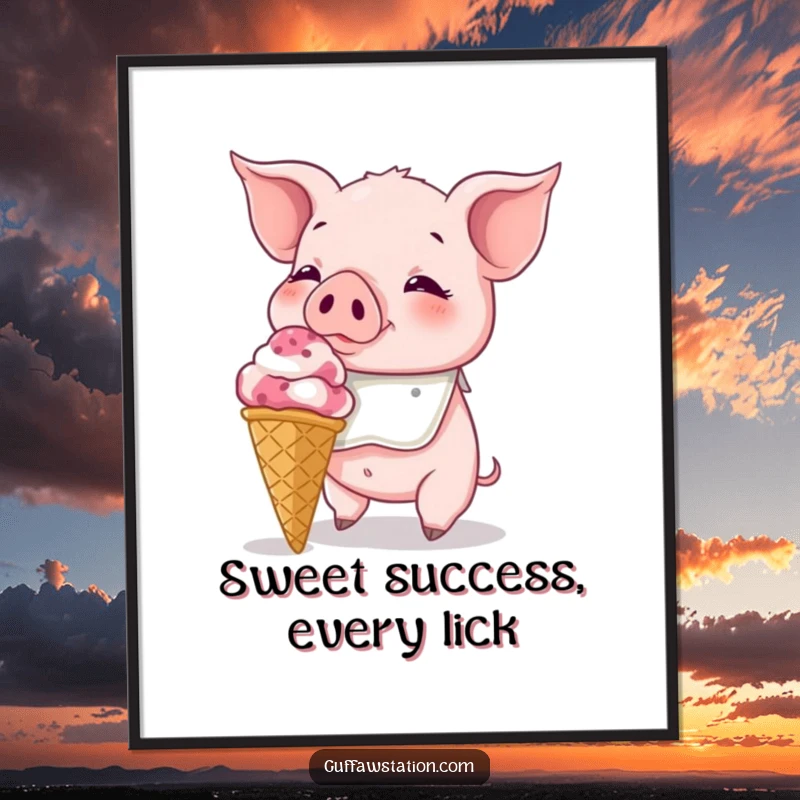 Funny Free Printable Wall Art: Piglet in a bib comically attempts to eat an impossibly enormous ice cream cone.