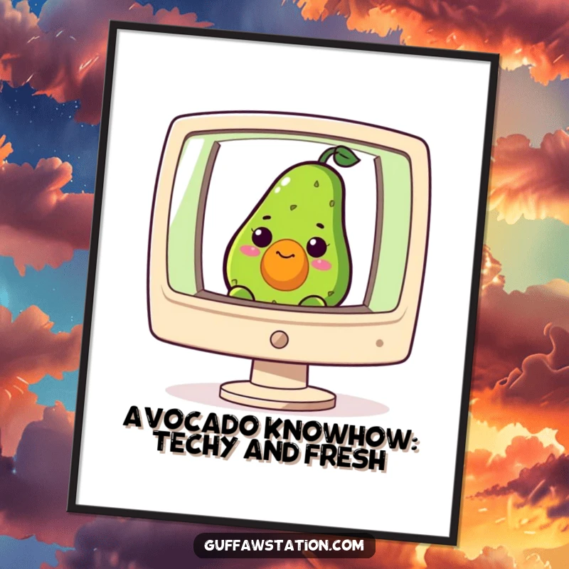 Funny Free Printable wall art, a curious avocado peeking out from a giant computer screen, adding a touch of digital whimsy.