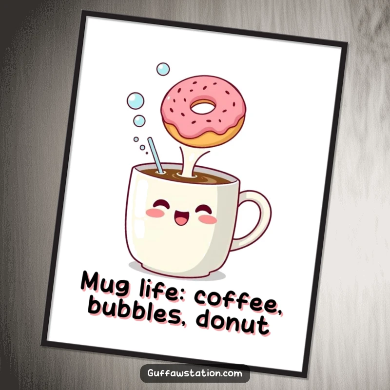 Funny Free Printable Wall Art: Coffee mug enthusiastically belching bubbles at a floating donut, whimsical and fun decor.