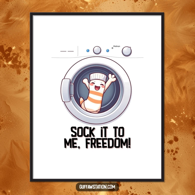 Funny Free Printable Wall Art: A sock gleefully waves goodbye as it escapes the washing machine, a humorous decorative print.