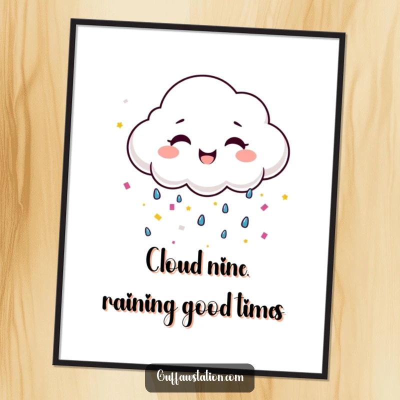 Funny Free Printable Wall Art: A smiling cloud crying streams of colorful confetti, bringing cheerful energy.