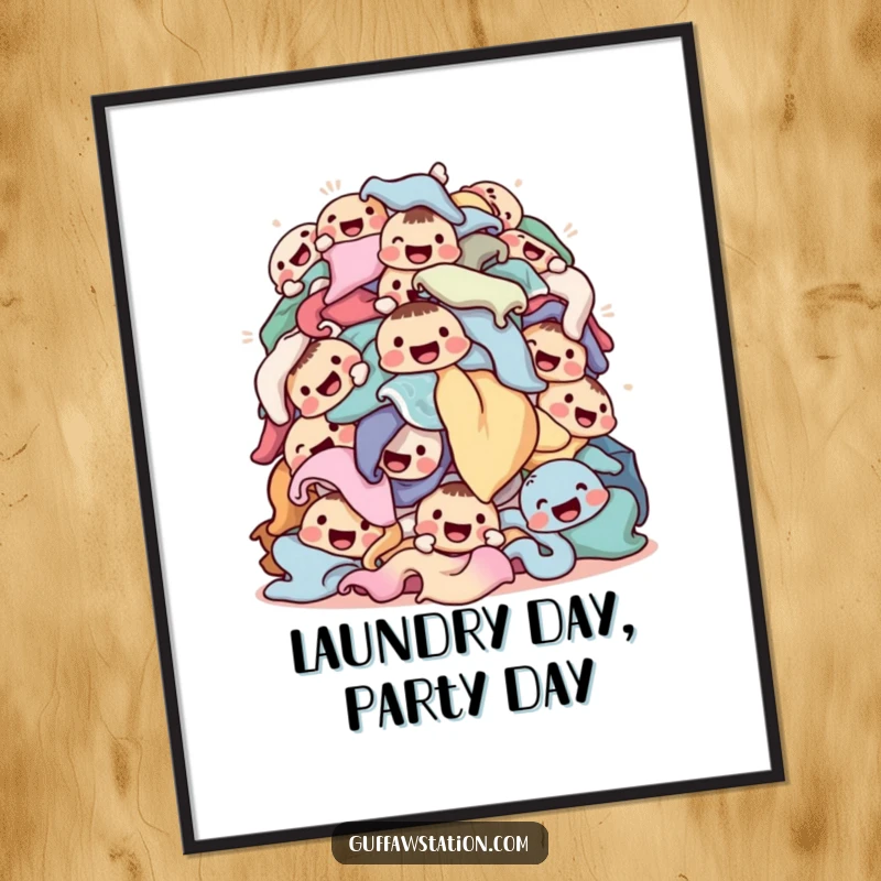 Funny Free Printable Wall Art: A comical pile of tumbling laundry, each item uniquely decorated with a happy face.