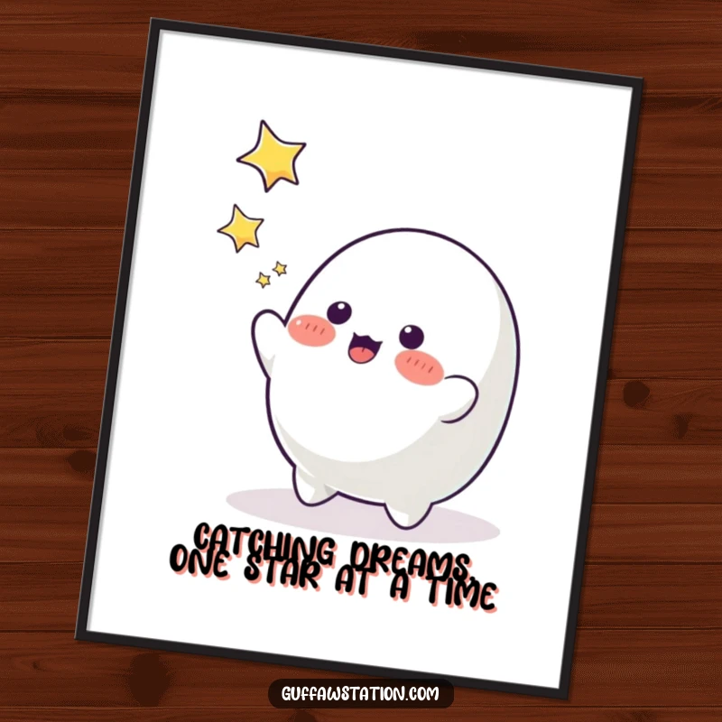 Funny Free Printable Wall Art: A playful blob character reaching up to catch twinkling falling stars, inspiring wonder.