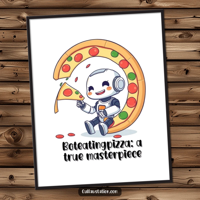 Funny Free Printable Wall Art: Small robot enthusiastically eating a giant spinning pizza, a humorous and vibrant decor piece.