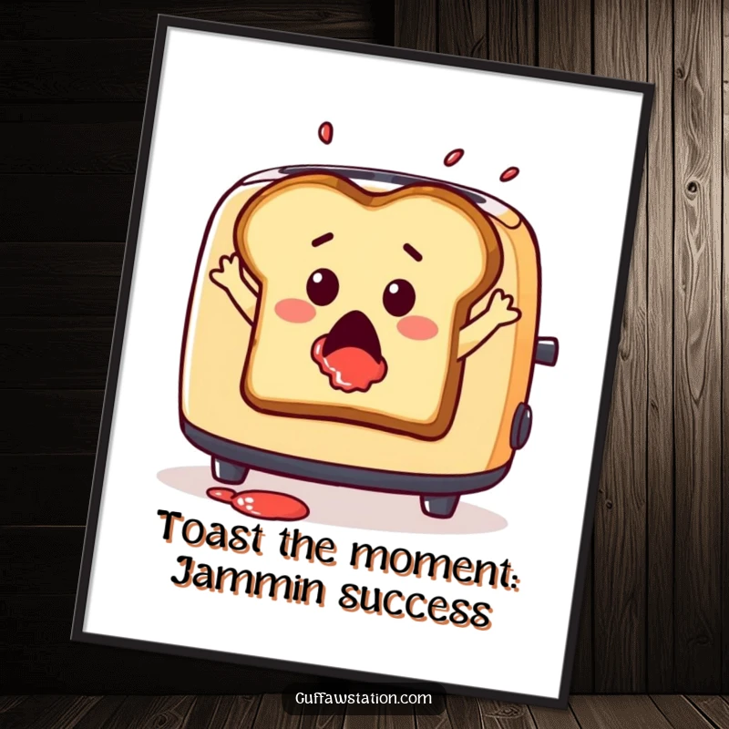 Funny Free Printable wall art, a surprised slice of toast dramatically leaping out of a toaster with jam splattered, creating a dynamic scene.