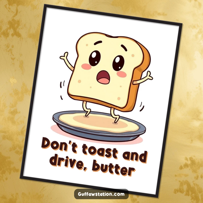 Funny Free Printable Wall Art: A surprised slice of toast with legs hops precariously on a sizzling buttered pan.