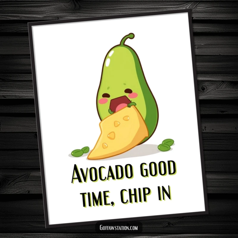 Funny Free Printable Wall Art: A determined avocado bravely ascending a colossal tortilla chip, showcasing ambition and humor.
