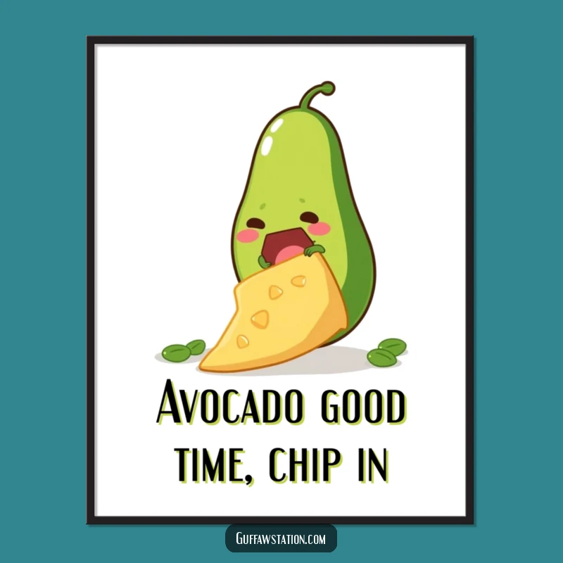 Funny Free Printable Wall Art: Avocado's Chip Quest! Downloadable Humor for Foodies.
