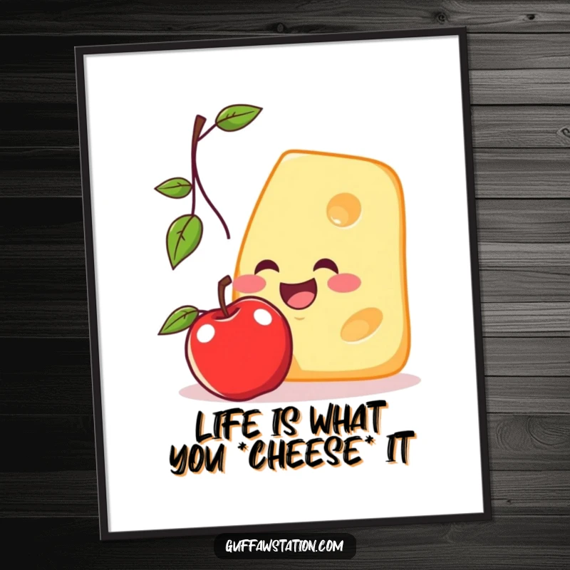 Funny Free Printable Wall Art: Cheese slice comically attempts to catch a falling apple, a whimsical illustration.