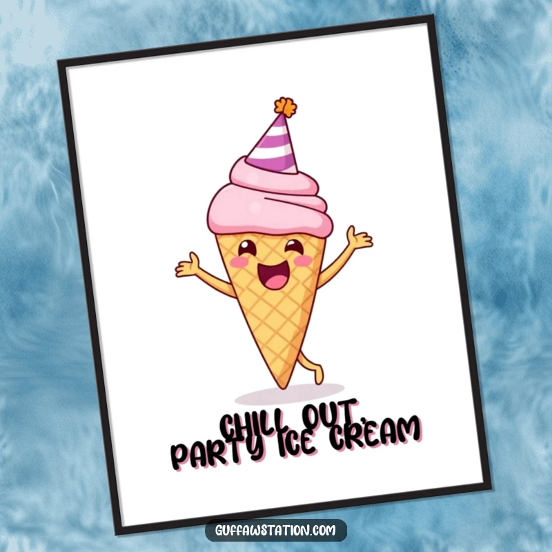 Funny Free Printable Wall Art: A delighted ice cream cone wearing a party hat does a happy dance, pure joy.