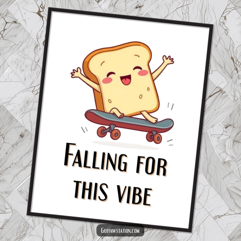 Funny Free Printable Wall Art: A cheerful loaf of bread comically falling off a skateboard.