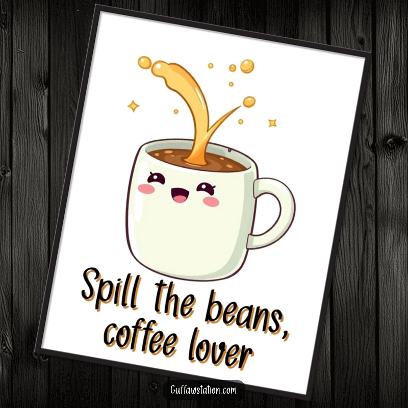 Funny Free Printable Wall Art: A giggling coffee mug spilling an endless stream of sparkling liquid, bringing cheer.