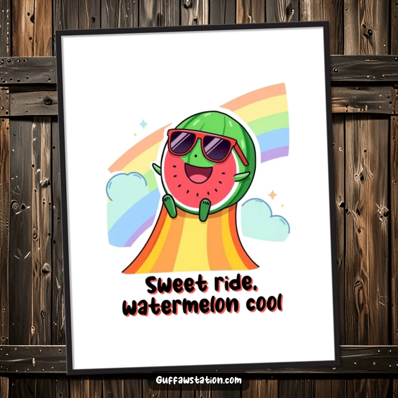 Funny Free Printable Wall Art: Happy watermelon wearing sunglasses slides down a vibrant rainbow, adding cool vibes.
