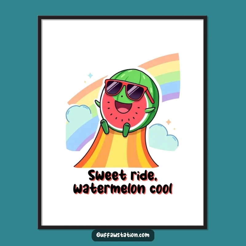 Funny Free Printable Wall Art: Happy Watermelon Sliding Down Rainbow for Cool Decor