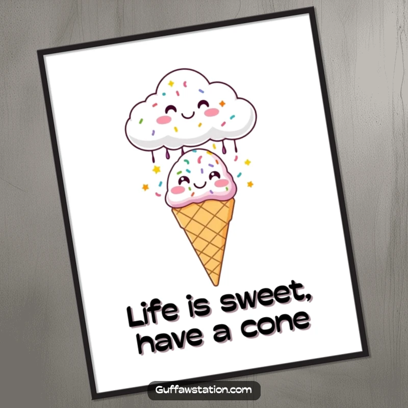 Funny Free Printable Wall Art: A cheerful cloud raining vibrant sprinkles onto a smiling ice cream cone, creating a whimsical artwork.