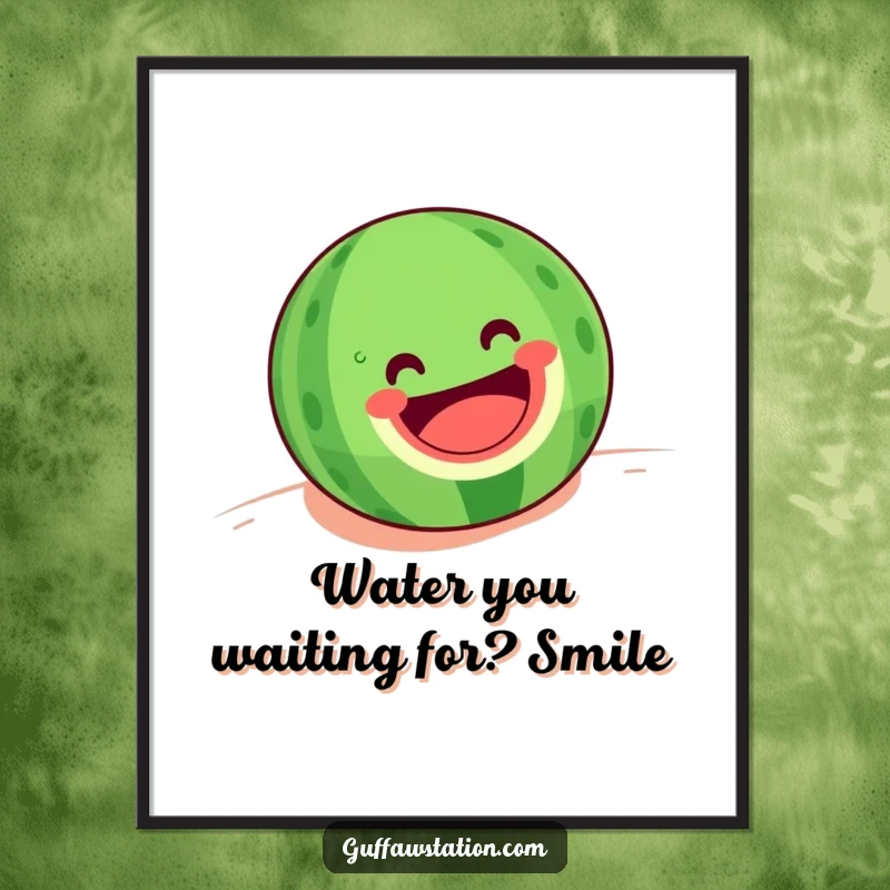 Funny Free Printable Wall Art: A happy, grinning watermelon depicted in motion, rolling downhill with great speed and enthusiasm.