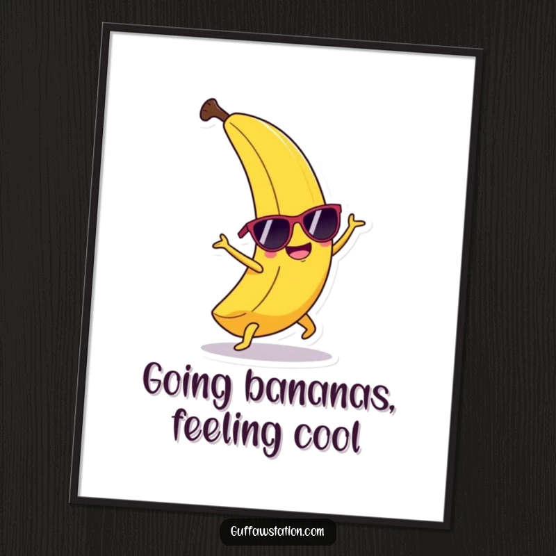Funny Free Printable Wall Art: A happy banana sporting sunglasses gracefully attempts a cartwheel with a smile.