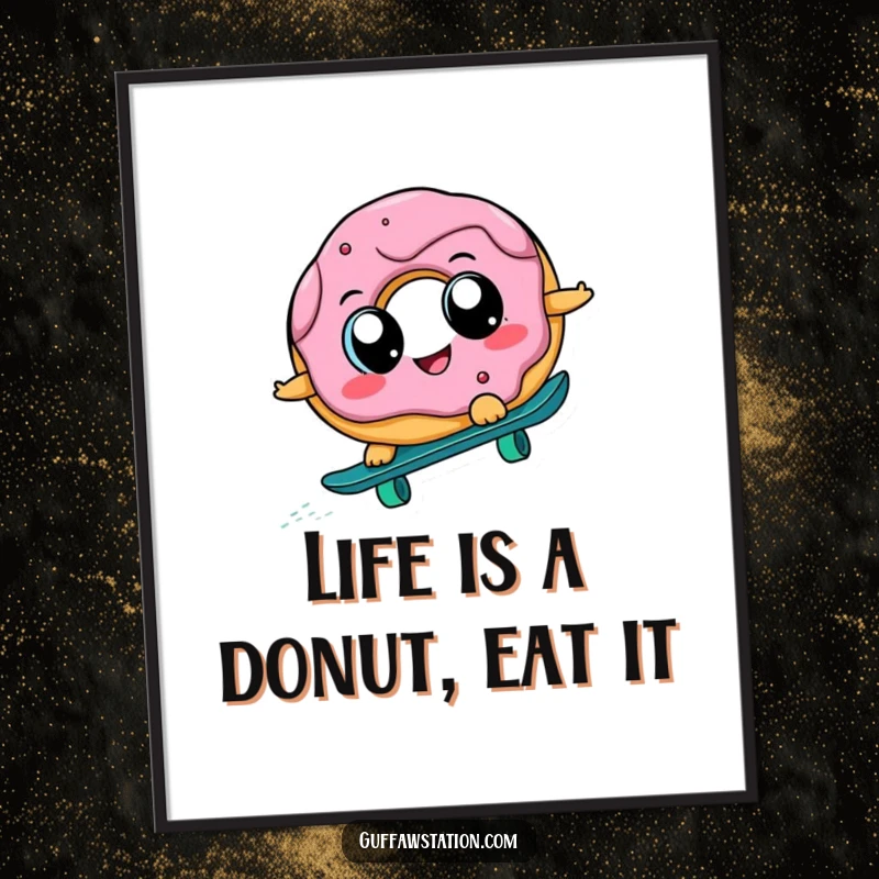 Funny Free Printable Wall Art: Cheerful donut with big eyes skateboarding downhill, adding a humorous vibe.