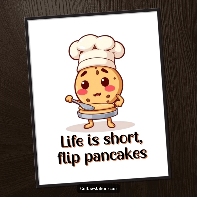 Funny Free Printable Wall Art: A determined cookie in a chef hat skillfully flips golden brown pancakes, adding humor.