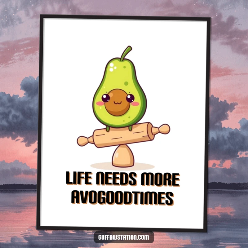 Funny Free Printable Wall Art: A determined avocado precariously balancing on a very small rolling pin. Quirky and funny.