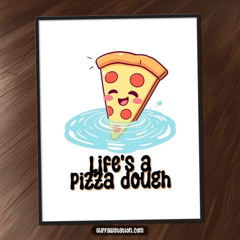 Funny free printable wall art showing a giggling slice of pizza comically falling into a blue swimming pool.