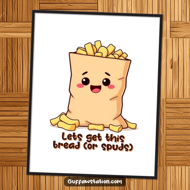 Funny Free Printable Wall Art: A sneaky, mischievous potato character peeking out conspiratorially from behind a huge bag of potato chips.