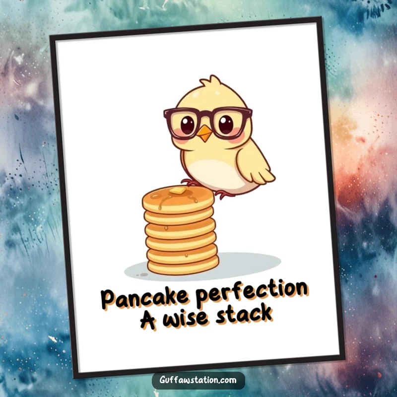 Funny free printable wall art: A bird with glasses precariously balances a tall, wobbly stack of golden pancakes.