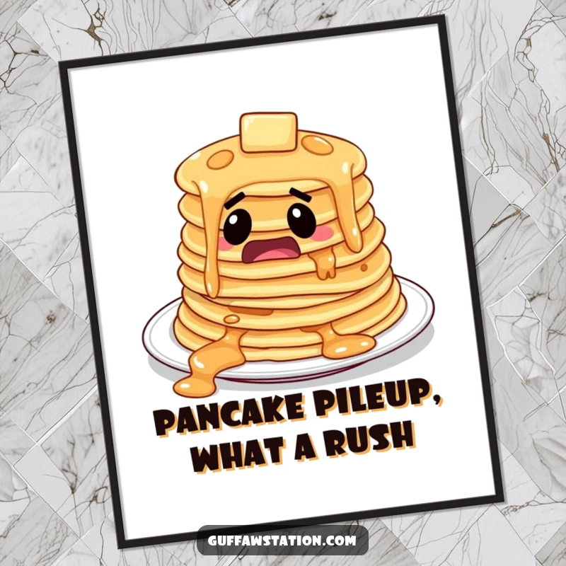 Funny Free Printable Wall Art: A startled stack of pancakes comically slides off a plate, creating breakfast mayhem.