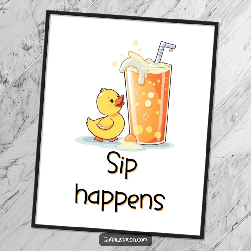 Funny free printable wall art depicting a curious rubber ducky attempting to drink from a huge, fizzy, overflowing soda.