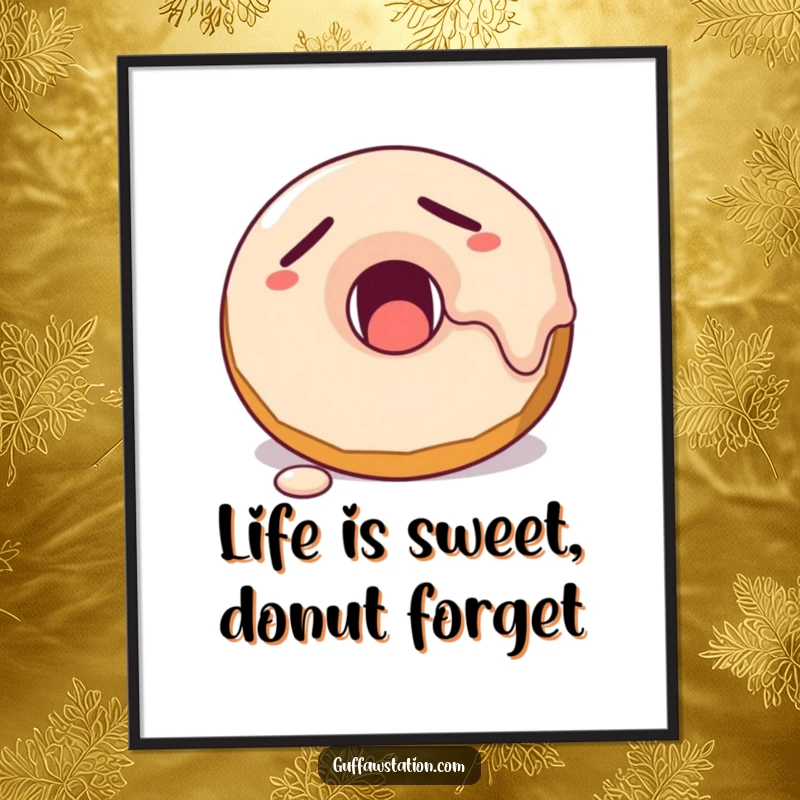 Funny Free Printable Wall Art: A cute, sleepy donut character yawning peacefully with colorful frosting melting slowly down its side.