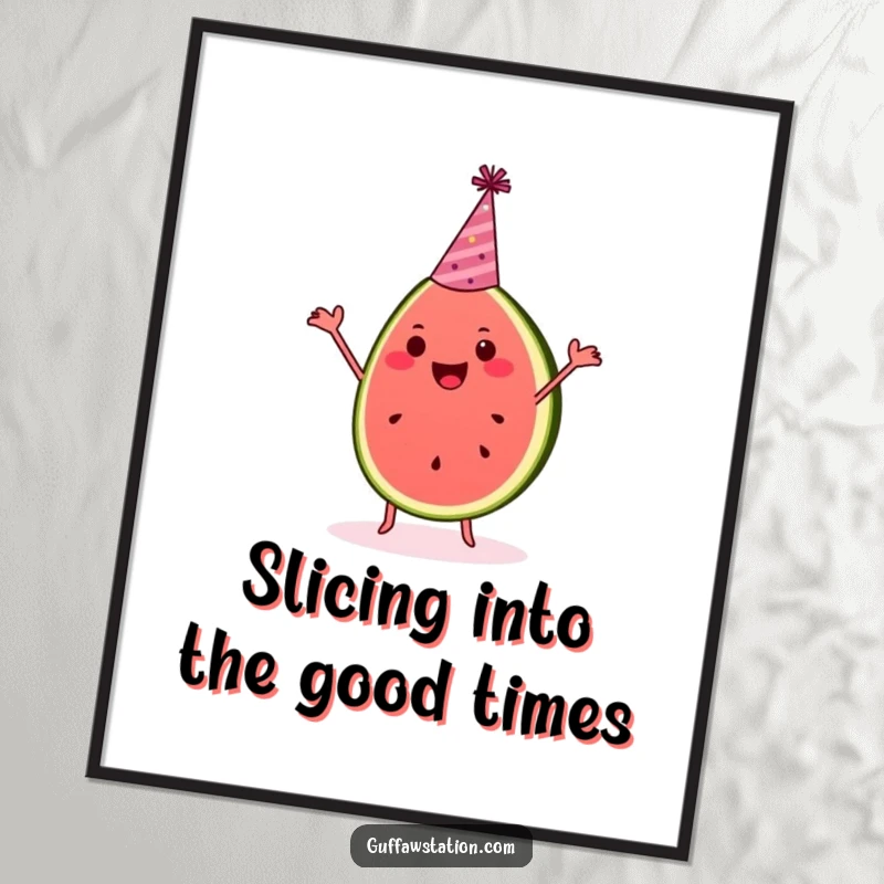 Funny Free Printable Wall Art: A happy slice of watermelon wearing a party hat, dancing energetically, bringing festive cheer to any wall.