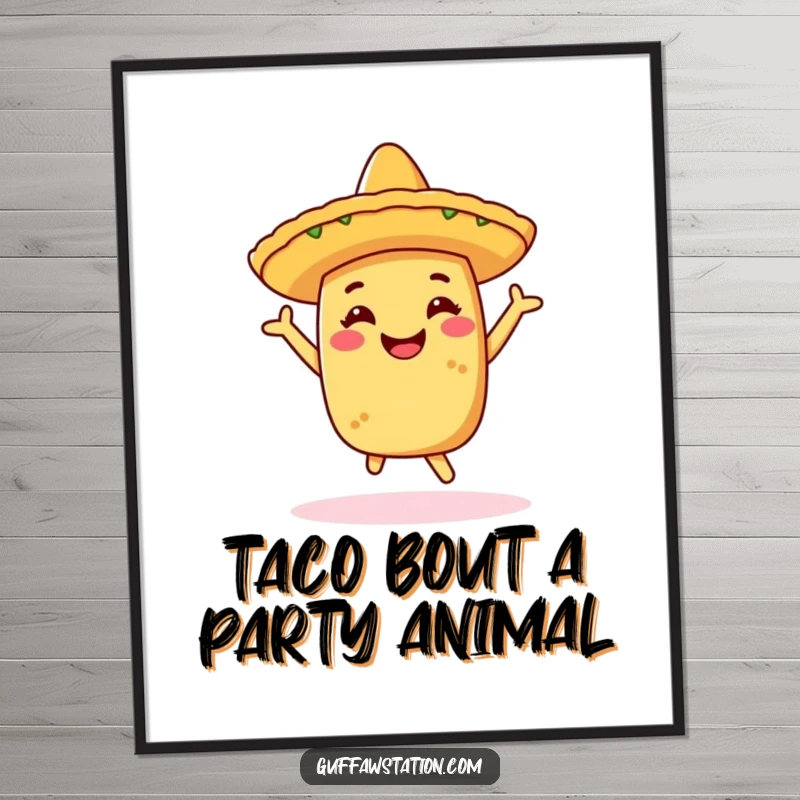 Funny Free Printable Wall Art: A happy taco in a sombrero energetically dances, bringing a festive and humorous vibe.