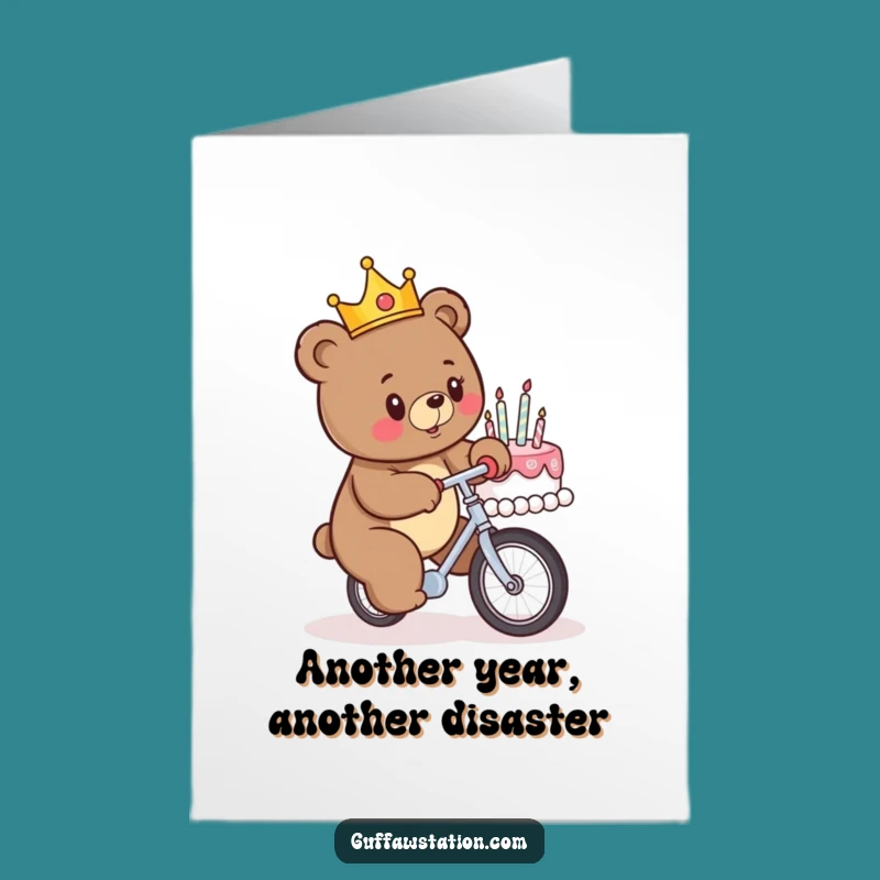 Free Printable Hilarious Bear Birthday Card: Unicycle Mishap Cake Smash Downloadable Fun