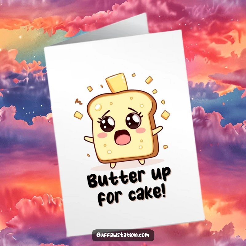 Funny Free Printable Birthday Card: Surprised toast character with butter flying, eyes wide in shock, humorous birthday.