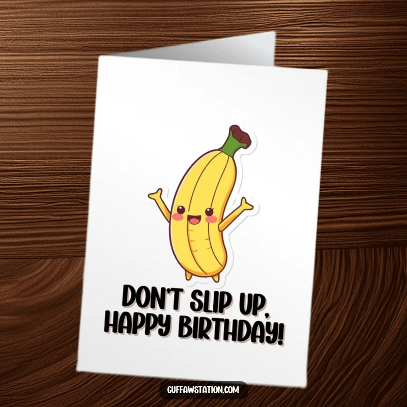 Funny Free Printable Birthday Card: A banana slipping dramatically on a peel, arms flailing wildly in a comical mishap.