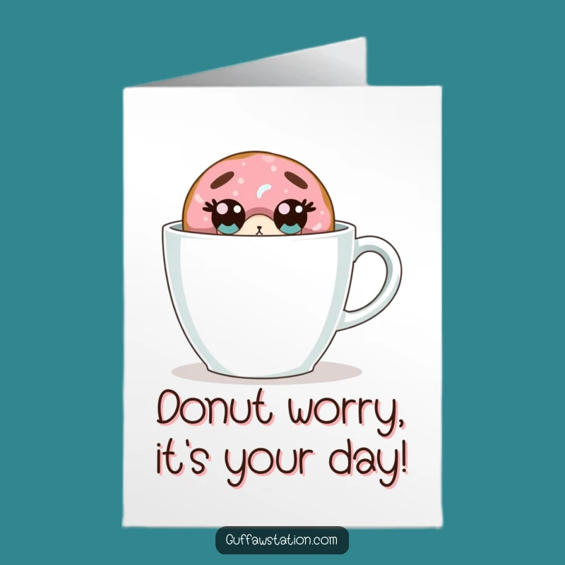 Free Printable Birthday Card: Surprised Donut Hiding Coffee Fun!